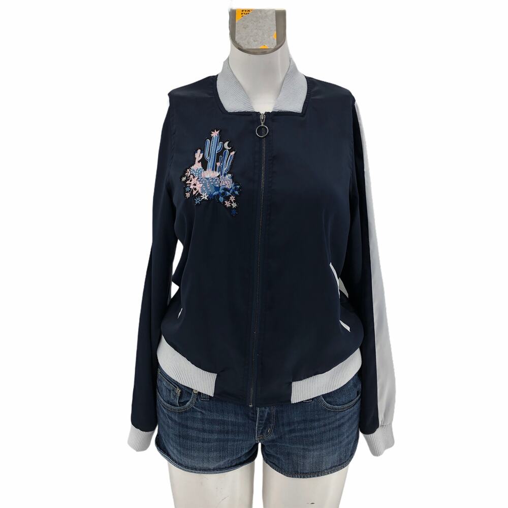Juicy Couture SMALL Navy Blue Cactus Patch Track Windbreaker Bomber Jacket Zip